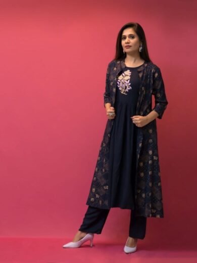 Fusion Navy Blue Shrug Kurta Set