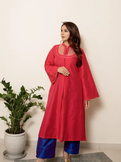 Red Color Silk Kurta Set with Plazzo