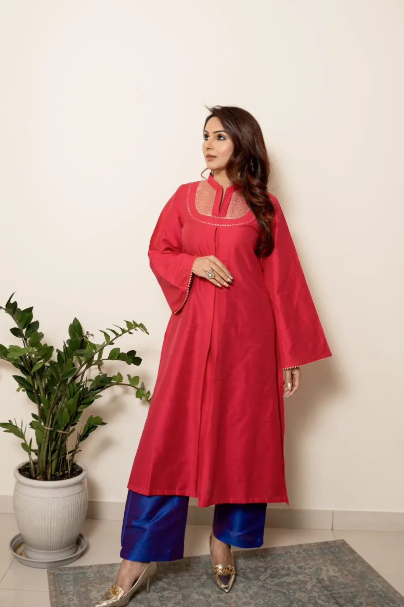 Red Color Silk Kurta Set with Plazzo