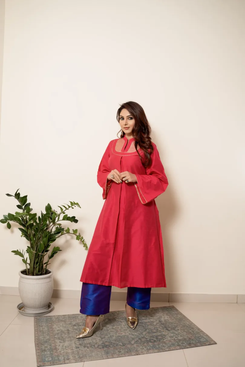 Red Color Silk Kurta Set with Plazzo