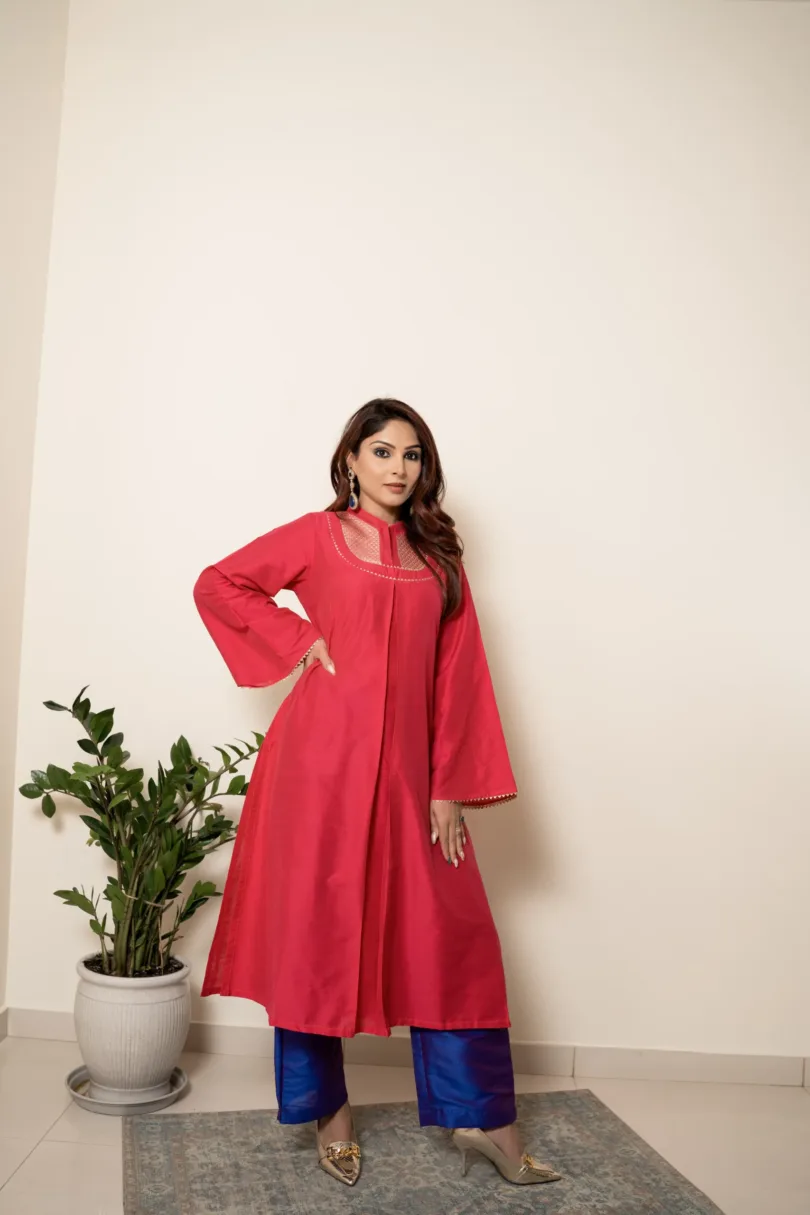 Red Color Silk Kurta Set with Plazzo