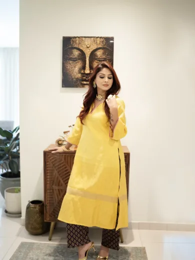 Yellow Color Silk Kurta Set with Plazzo