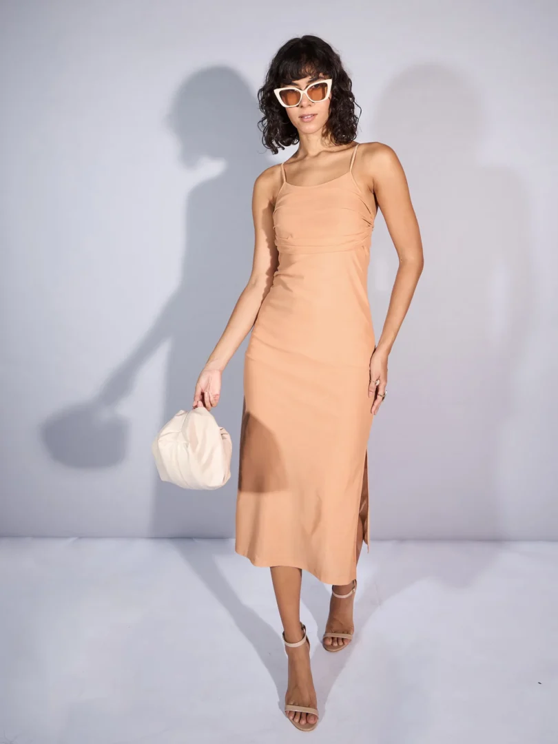 Women Beige Mesh Strappy Midi Dress