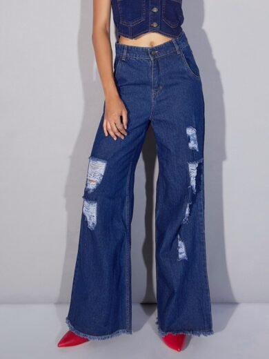 Women Blue Ripped Distress Straight Jeans