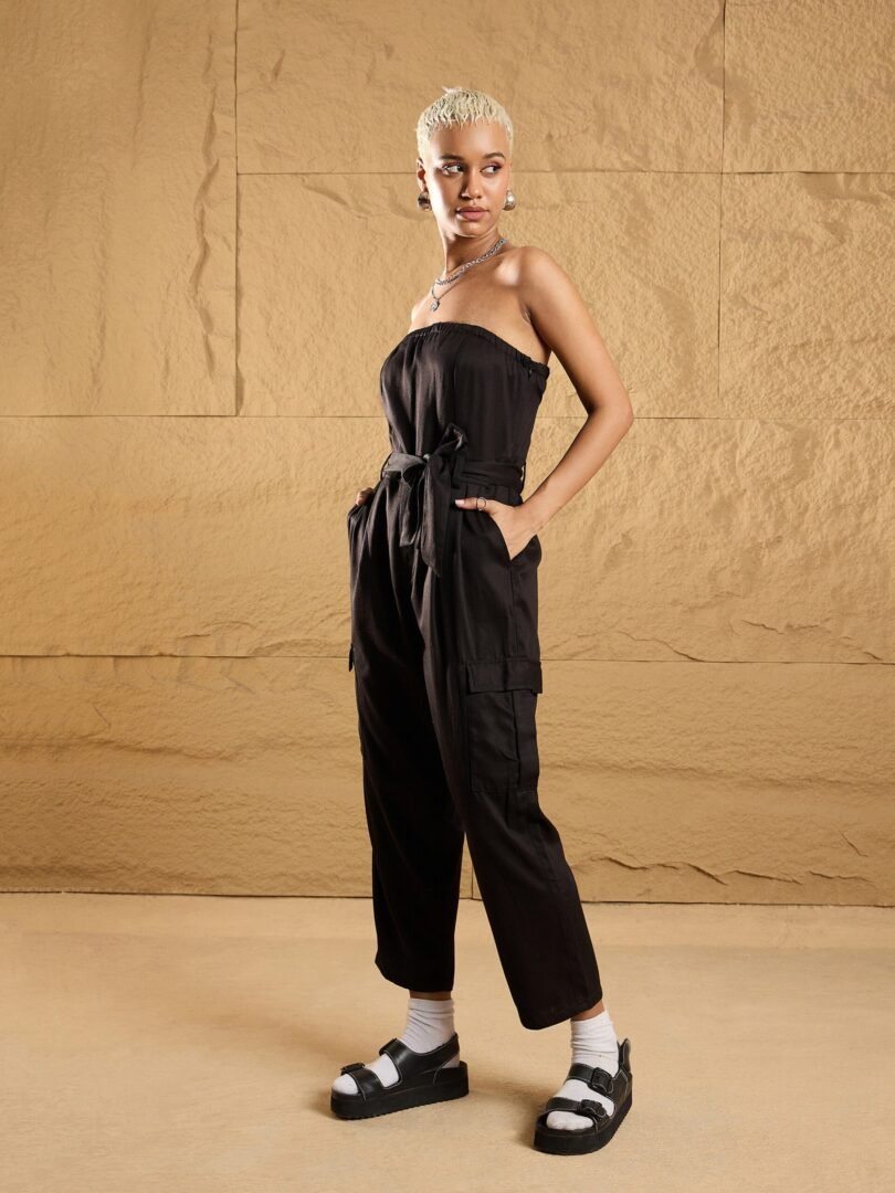 Women Black Twill Off-Shoulder Jumpsuit