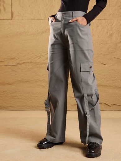 Women Grey Pocket Loop Detail Cargo Pants