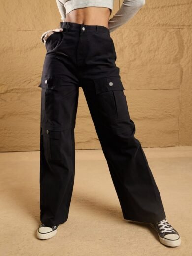 Women Black Front Pocket Straight Fit Pants