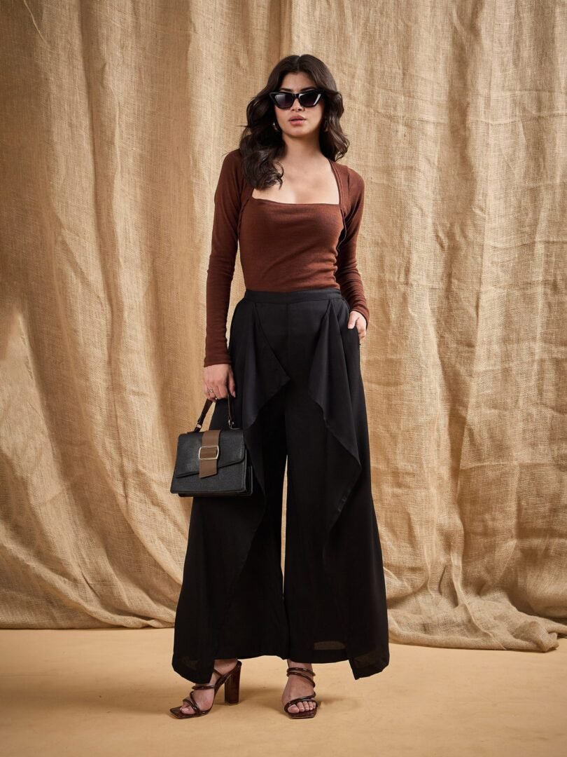 Women Black Front Frill Pants