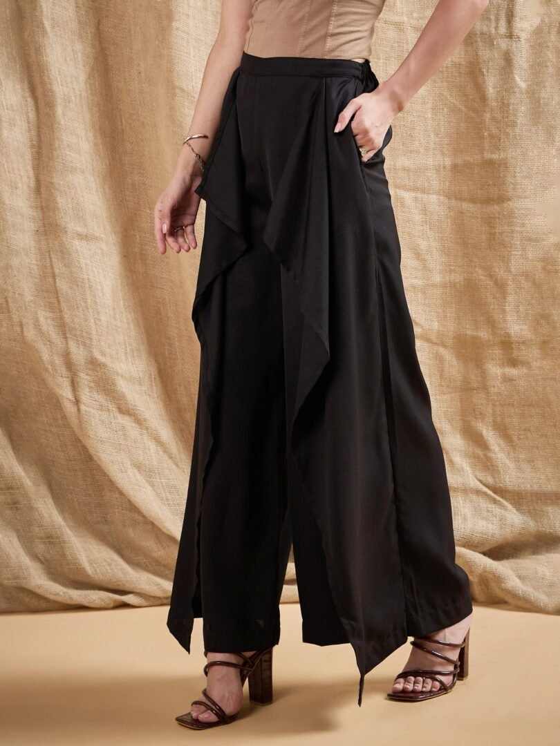 Women Black Front Frill Pants