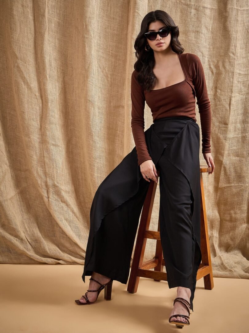 Women Black Front Frill Pants