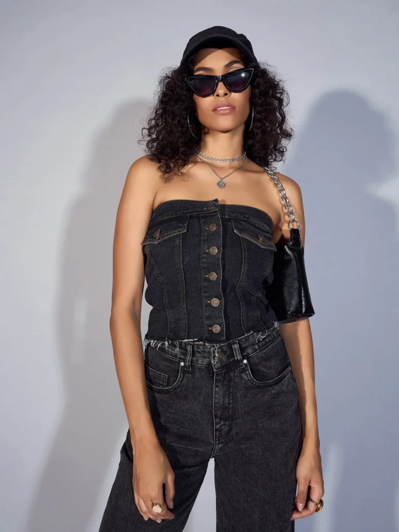 Women Black Denim Tube Crop Top